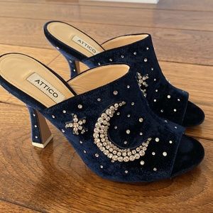 Attico Navy Velvet Pamela Moon Star Mules, BNWT, 39